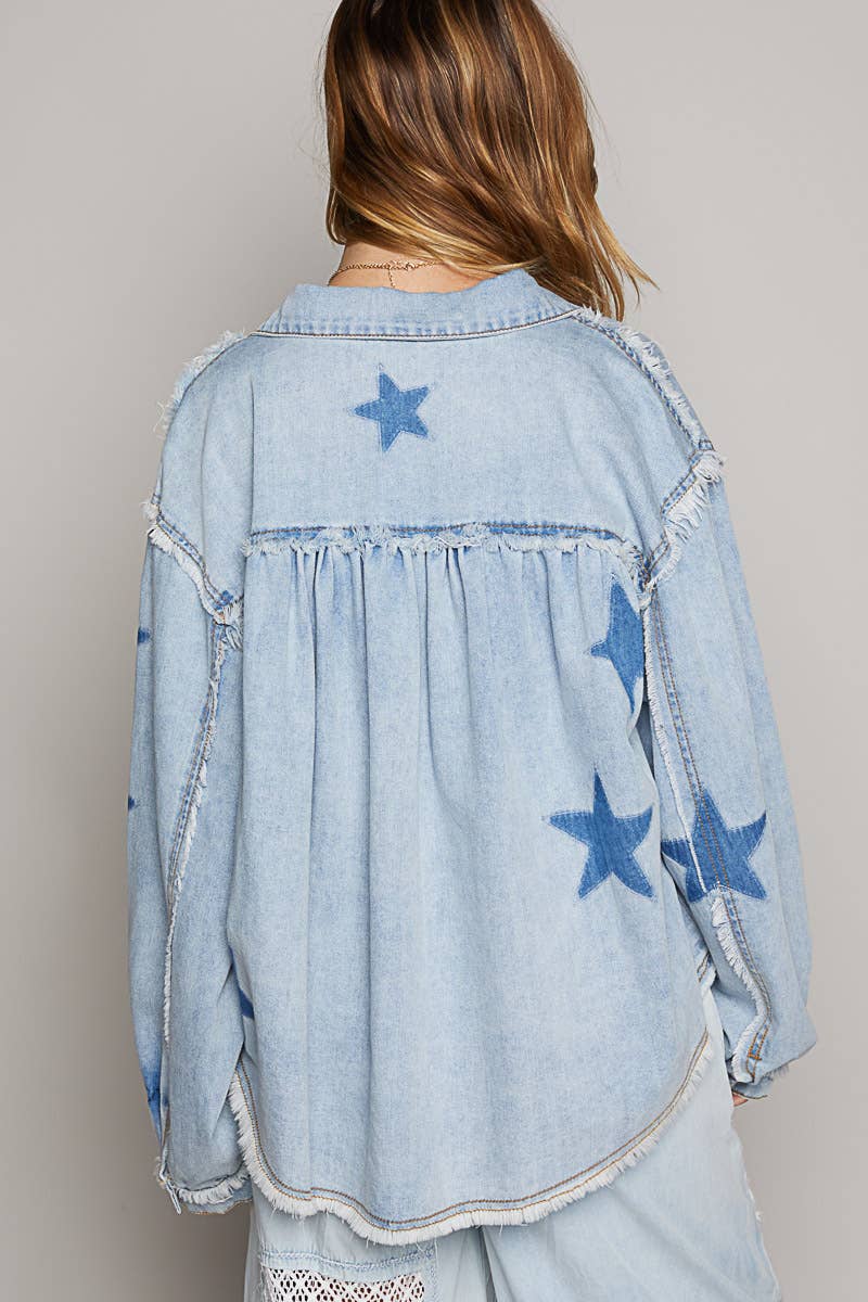 Oversize star prints raw edge denim shacket-Jackets-Pol Clothing-Stuffology - Where Vintage Meets Modern, A Boutique for Real Women in Crosbyton, TX