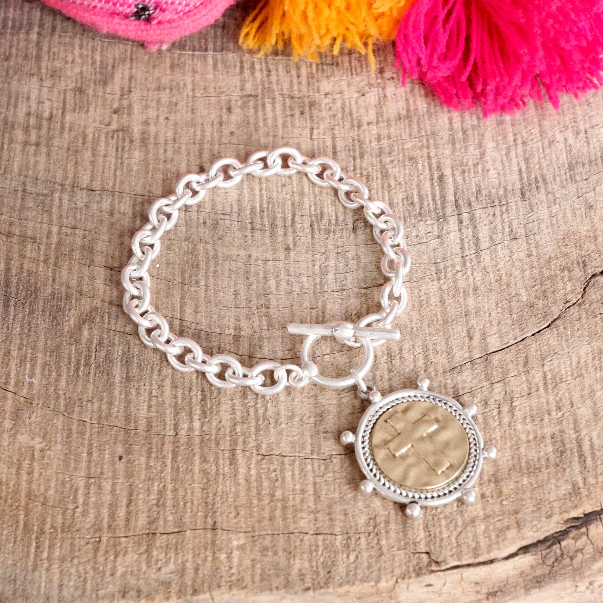 Cross Coin Chain Bracelet Toggle Closure Silver or Gold Tone-Bracelets-PennyLine inc-Stuffology - Where Vintage Meets Modern, A Boutique for Real Women in Crosbyton, TX