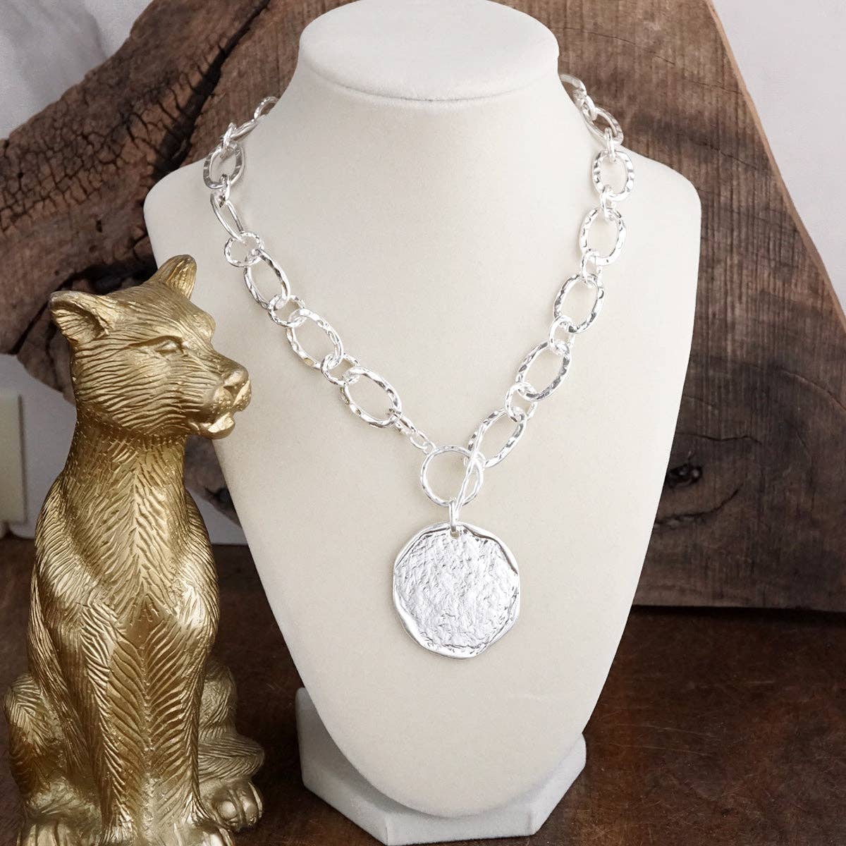 Nomad Glow – Front Toggle Statement Necklace with Hammered Disc-Necklaces-PennyLine inc-Stuffology - Where Vintage Meets Modern, A Boutique for Real Women in Crosbyton, TX