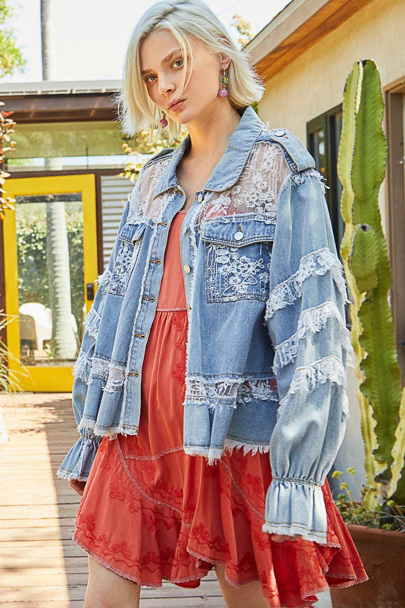 Lace Trim and Panel Collared Button Down Denim Jacket /Stuffology Boutique-Jackets-Pol Clothing-Stuffology - Where Vintage Meets Modern, A Boutique for Real Women in Crosbyton, TX