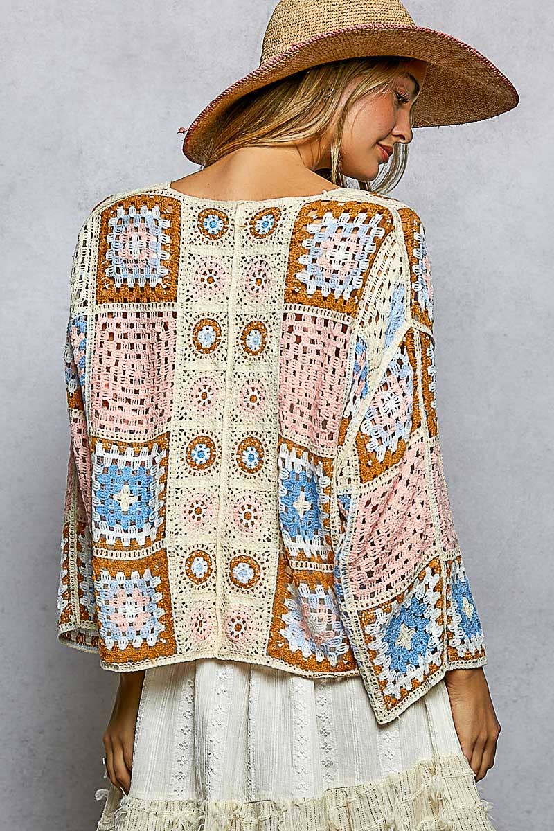 Granny Square 3/4 Sleeve Crochet Cardigan Top-Cardigan-Pol Clothing-Stuffology - Where Vintage Meets Modern, A Boutique for Real Women in Crosbyton, TX