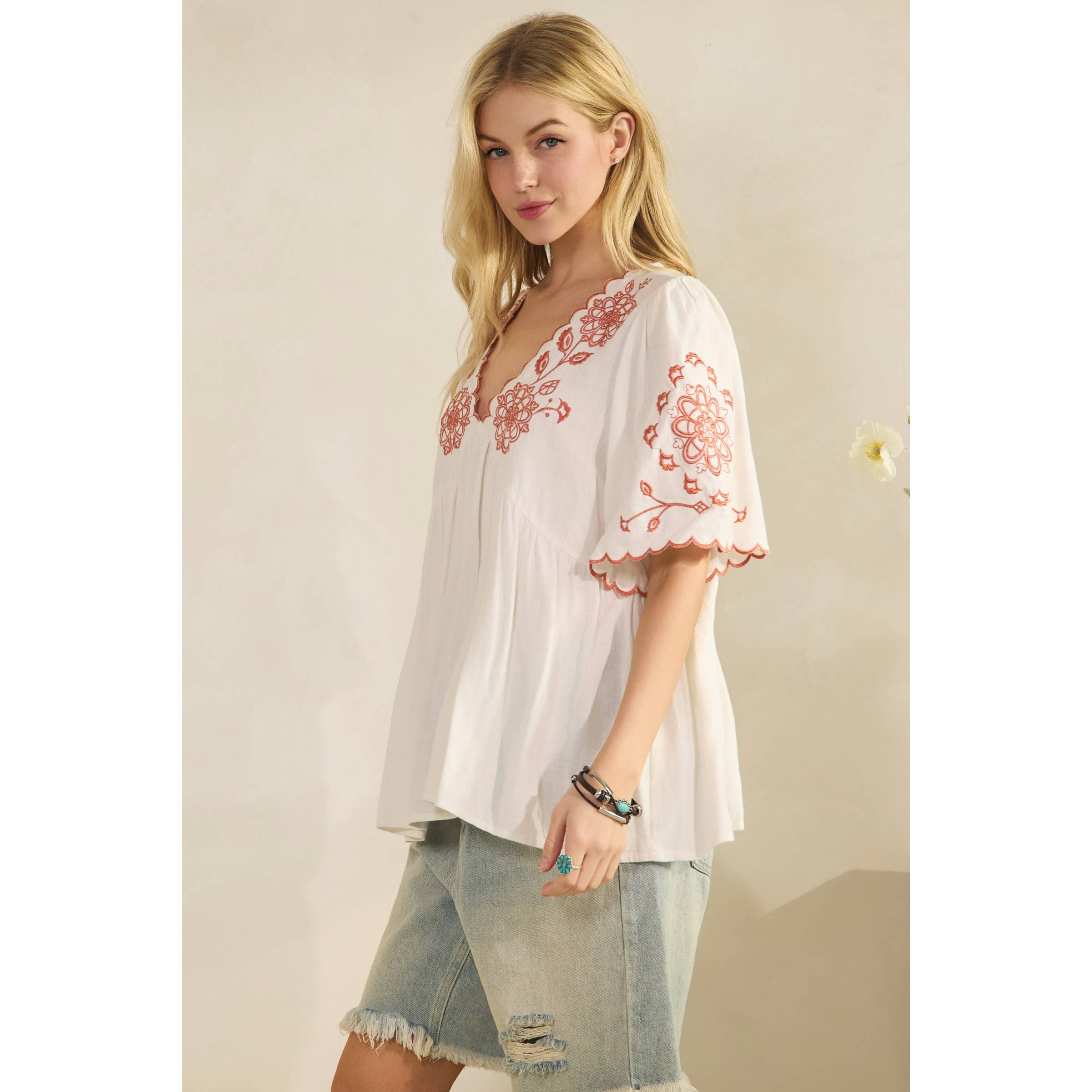 SCALLOPED BOHO EMBROIDERED BLOUSE (ST7681)-Sage + Fig-Stuffology - Where Vintage Meets Modern, A Boutique for Real Women in Crosbyton, TX