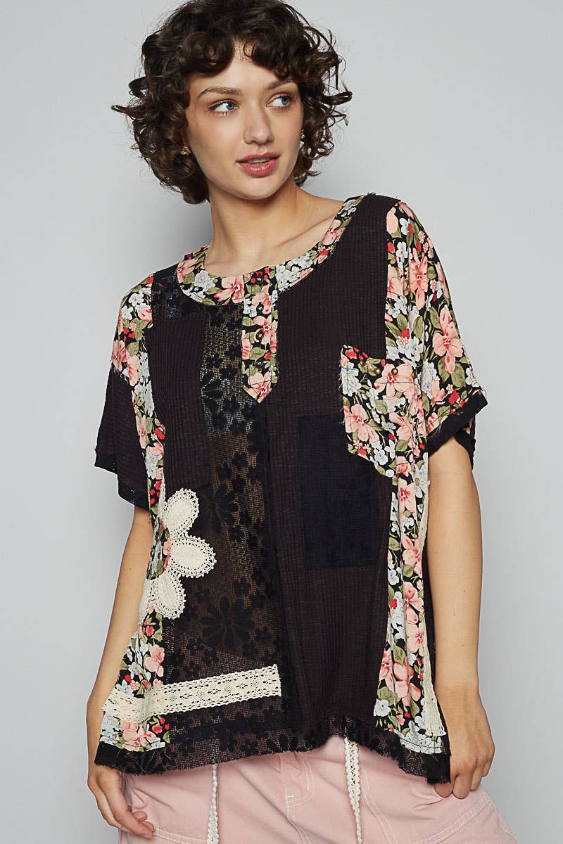 POL Clothing Round Neck Short Sleeve Floral Knit Rib Top-Loose Fit Top-Pol Clothing-Stuffology - Where Vintage Meets Modern, A Boutique for Real Women in Crosbyton, TX