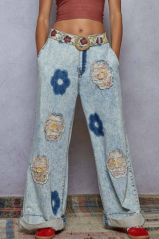 Floral Patchwork Rolled-up Denim Straight Pants-Jeans-Pol Clothing-Stuffology - Where Vintage Meets Modern, A Boutique for Real Women in Crosbyton, TX