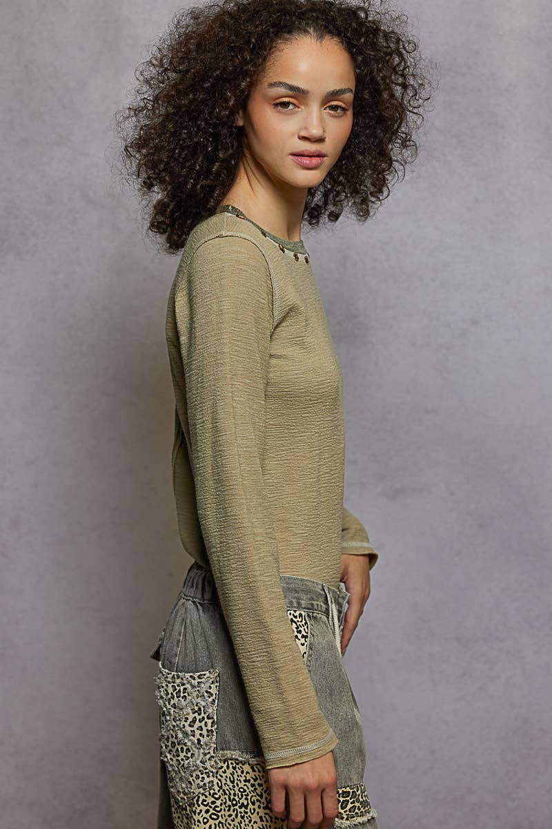 POL Clothing - Long Sleeve Knit Top with Stud Details-Pol Clothing-Stuffology - Where Vintage Meets Modern, A Boutique for Real Women in Crosbyton, TX