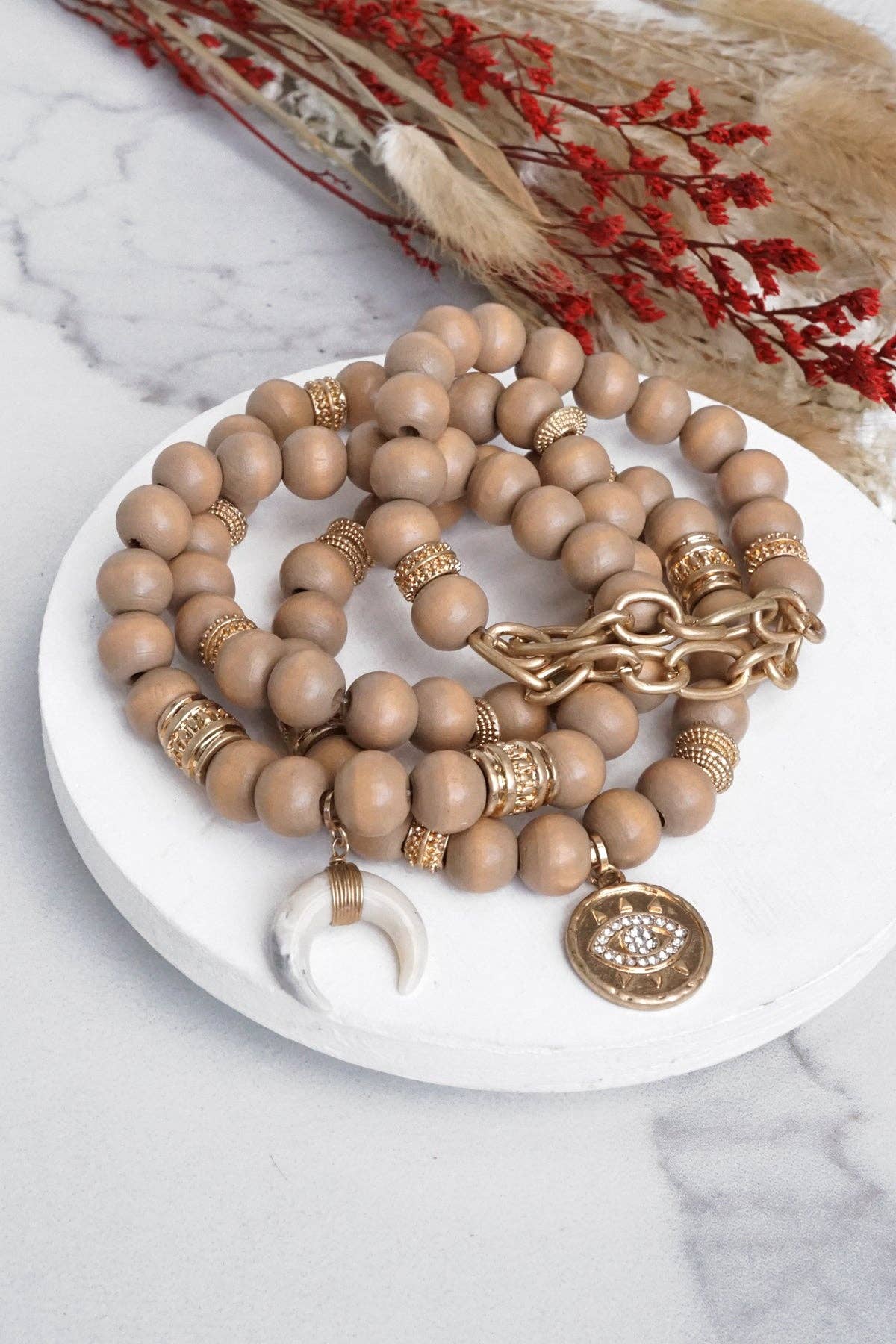 Beaded Boho Bracelets set of 4 with Gold Coin Neutral wooden Beads and Metal chain-Bracelets-PennyLine inc-Stuffology - Where Vintage Meets Modern, A Boutique for Real Women in Crosbyton, TX