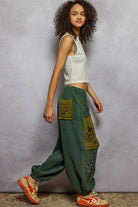 POL Clothing Double gauze floral embroidery accents patch detail pants-pants-Pol Clothing-Stuffology - Where Vintage Meets Modern, A Boutique for Real Women in Crosbyton, TX