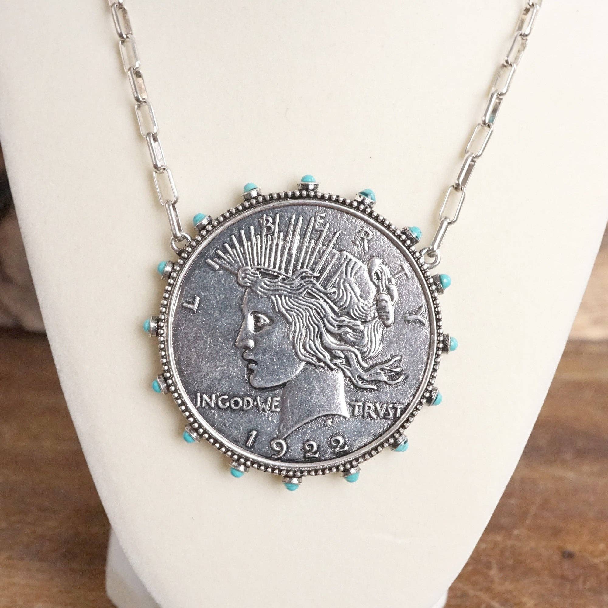 Western Boho Coin Necklace Set with Turquoise Accents – Worn Silver Tone-Necklaces-PennyLine inc-Stuffology - Where Vintage Meets Modern, A Boutique for Real Women in Crosbyton, TX