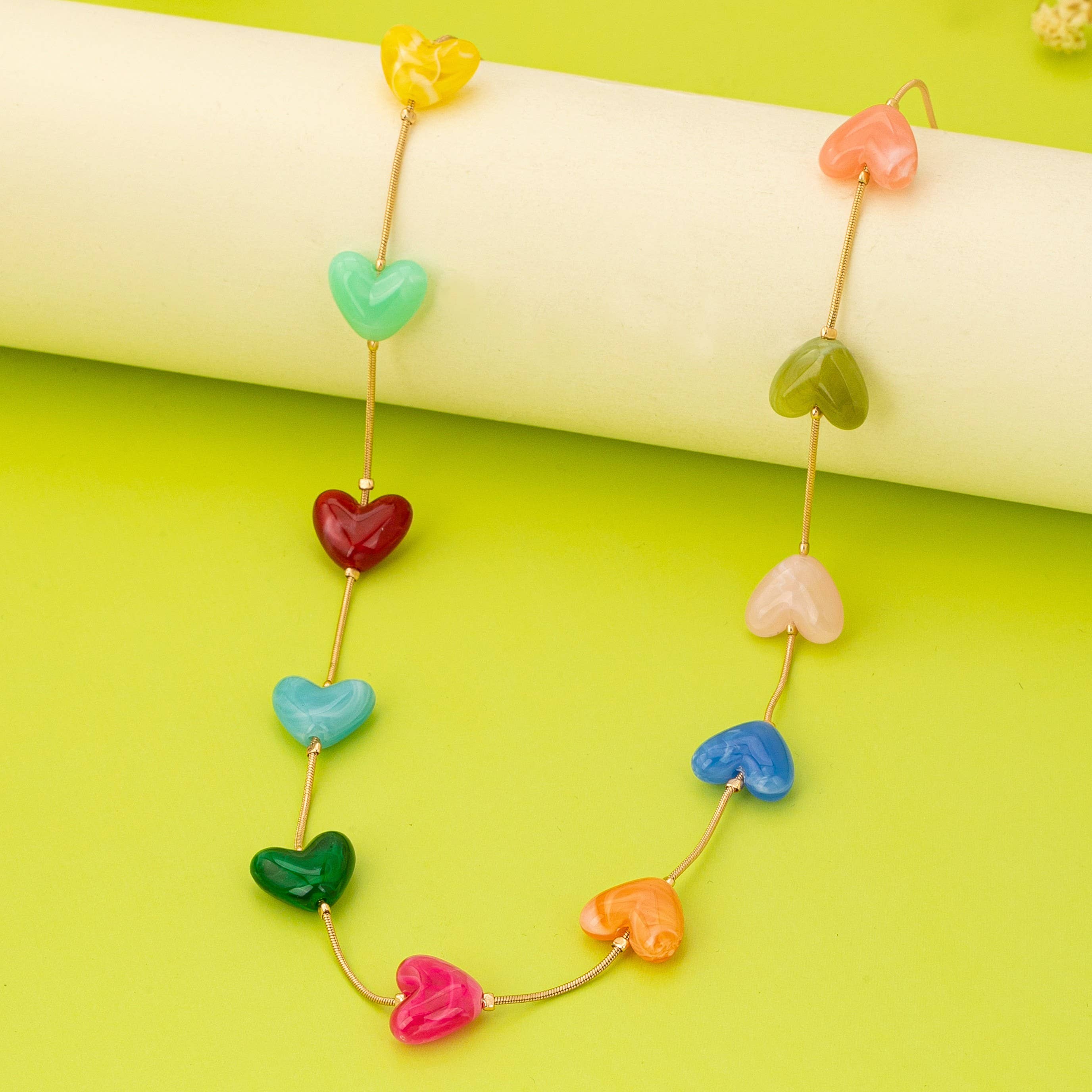 Multicolor Resin Beaded Heart Station Necklace | 80N92985-Necklaces-JOSSLYN by wall to wall-Stuffology - Where Vintage Meets Modern, A Boutique for Real Women in Crosbyton, TX