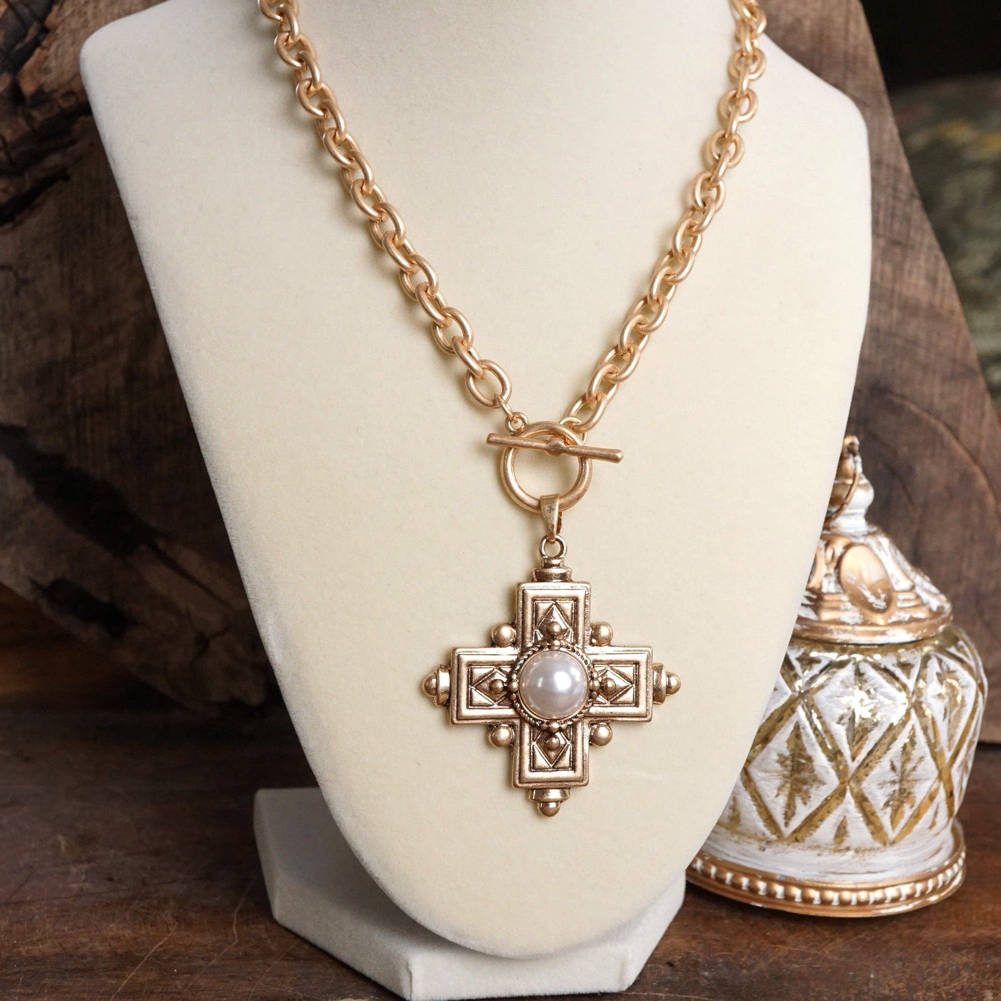 Decorative Cross Necklace Worn Gold Tone Front Toggle and Pearl-Necklaces-PennyLine inc-Stuffology - Where Vintage Meets Modern, A Boutique for Real Women in Crosbyton, TX