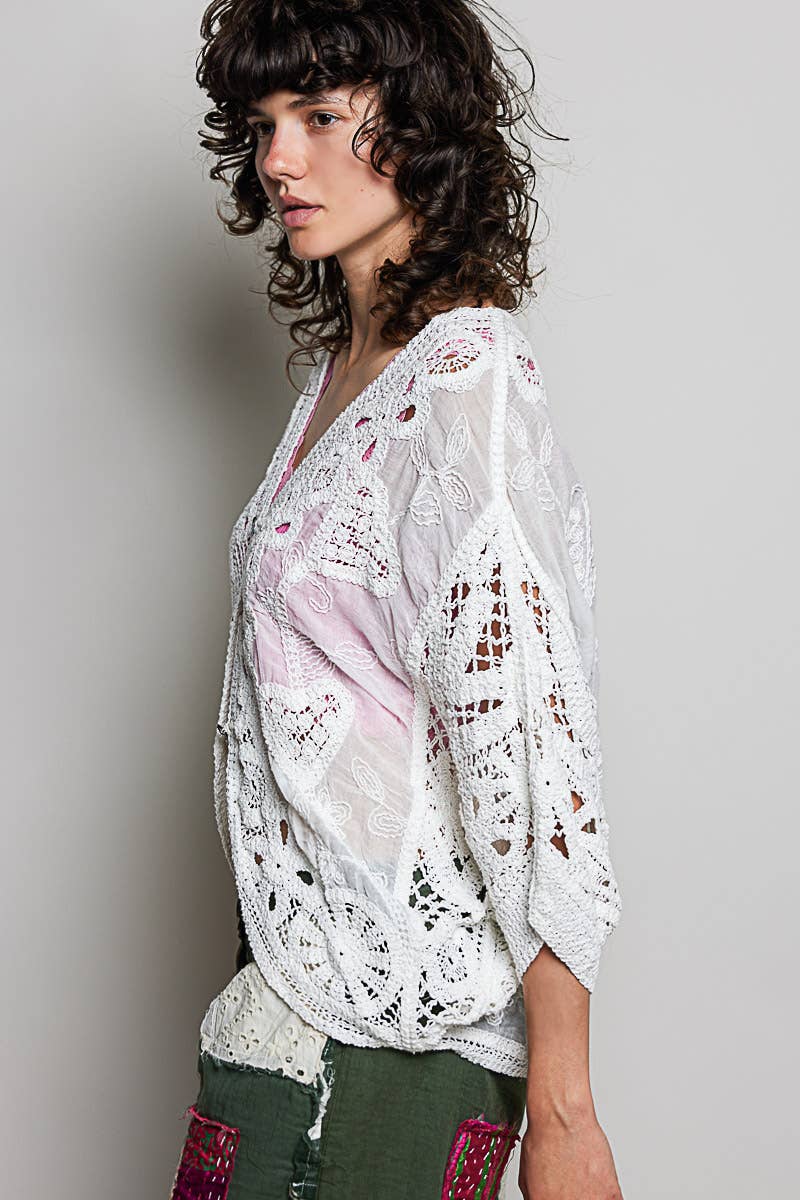 Batwing Sleeve Button Down Solid Crochet Cardigan Top-Pol Clothing-Stuffology - Where Vintage Meets Modern, A Boutique for Real Women in Crosbyton, TX