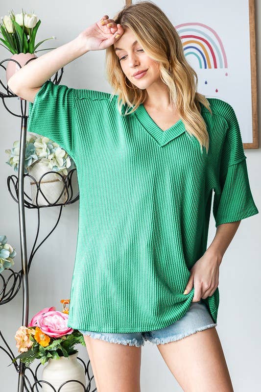 SHORT SLEEVE SOLID URBAN RIBBED TOP /STUFFOLOGY BOUTIQUE-HEIMISH-Stuffology - Where Vintage Meets Modern, A Boutique for Real Women in Crosbyton, TX