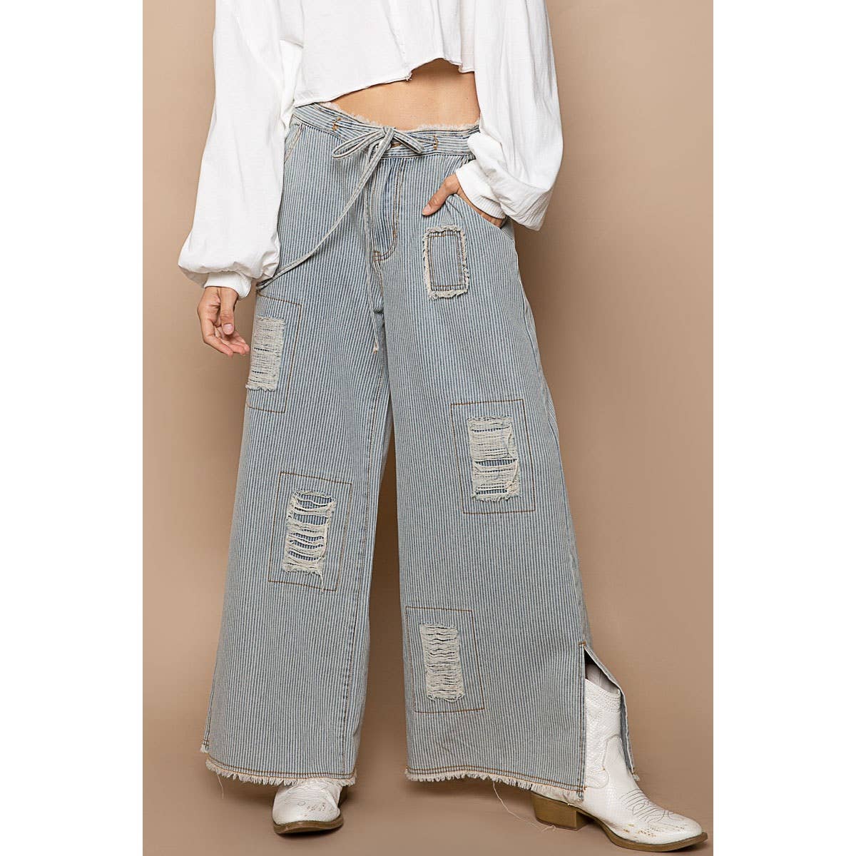 Distressed waist strape stripe denim wide pants-Jeans-Pol Clothing-Stuffology - Where Vintage Meets Modern, A Boutique for Real Women in Crosbyton, TX