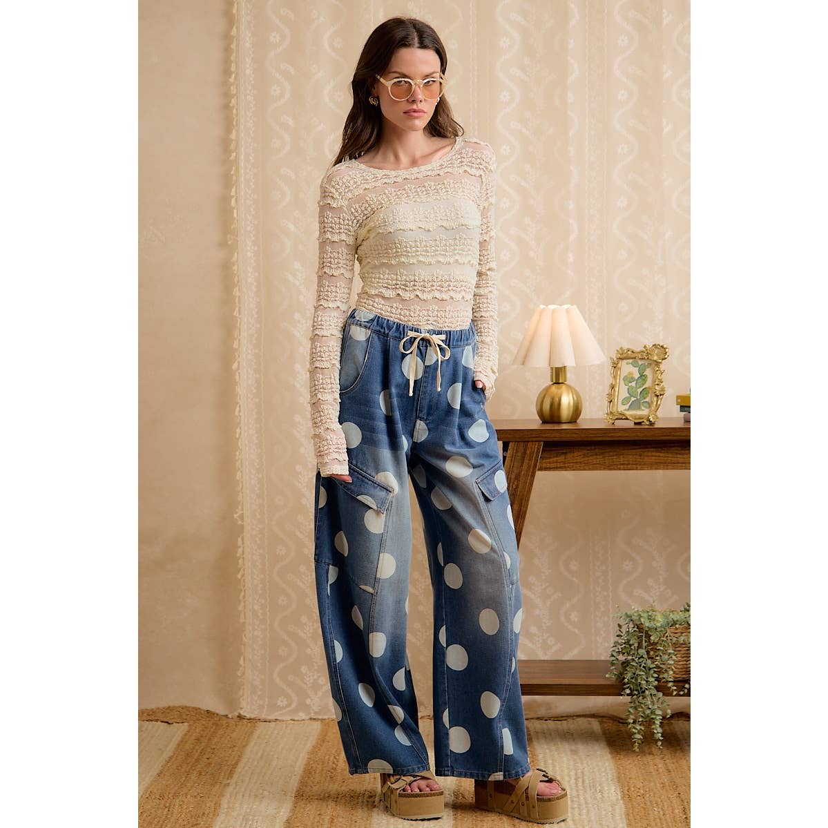 WASHED POLKA DOT DENIM BARREL PANTS WITH CARGO POCKETS-BiBi-Stuffology - Where Vintage Meets Modern, A Boutique for Real Women in Crosbyton, TX