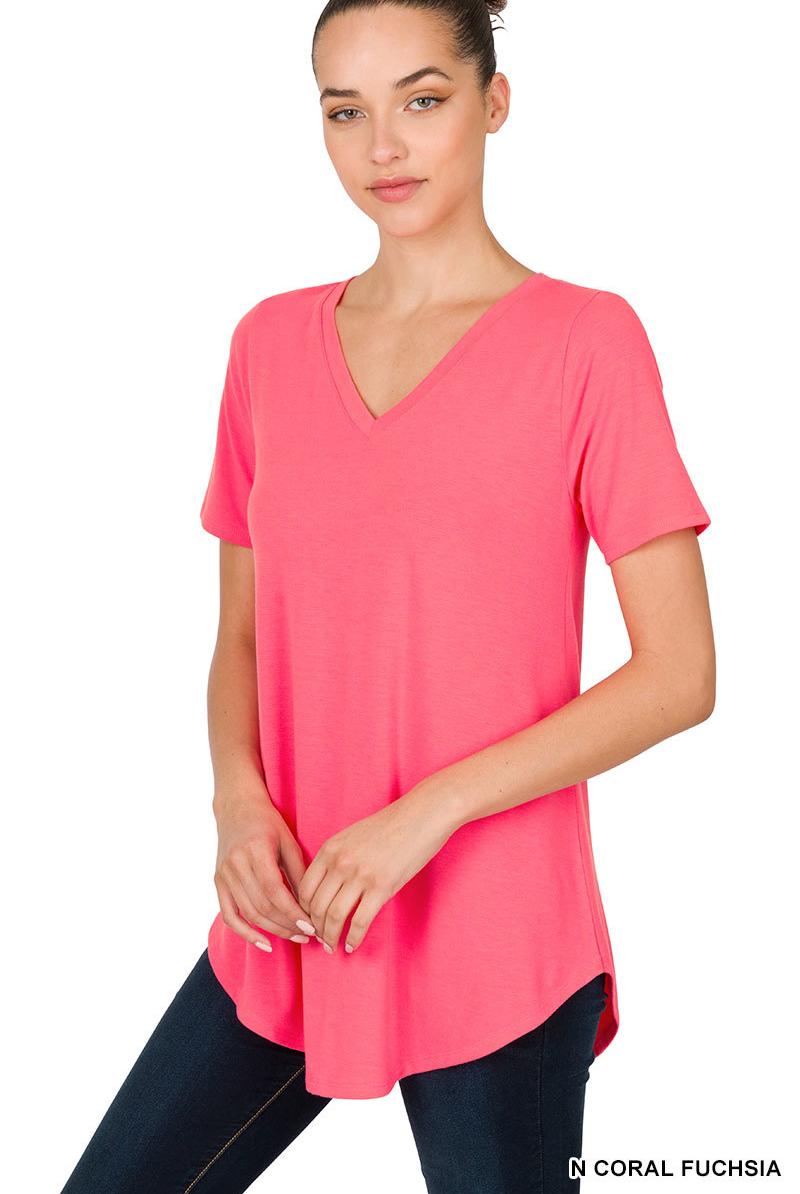 NEON CORAL SHORT SLEEVE V-NECK ROUND HEM TO| Stuffology BoutiqueP-Top-Zenana-Stuffology - Where Vintage Meets Modern, A Boutique for Real Women in Crosbyton, TX