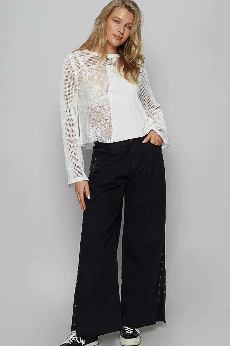 POL Clothing - Solid Stud Detail Twill Wide Woven Pants-Pol Clothing-Stuffology - Where Vintage Meets Modern, A Boutique for Real Women in Crosbyton, TX
