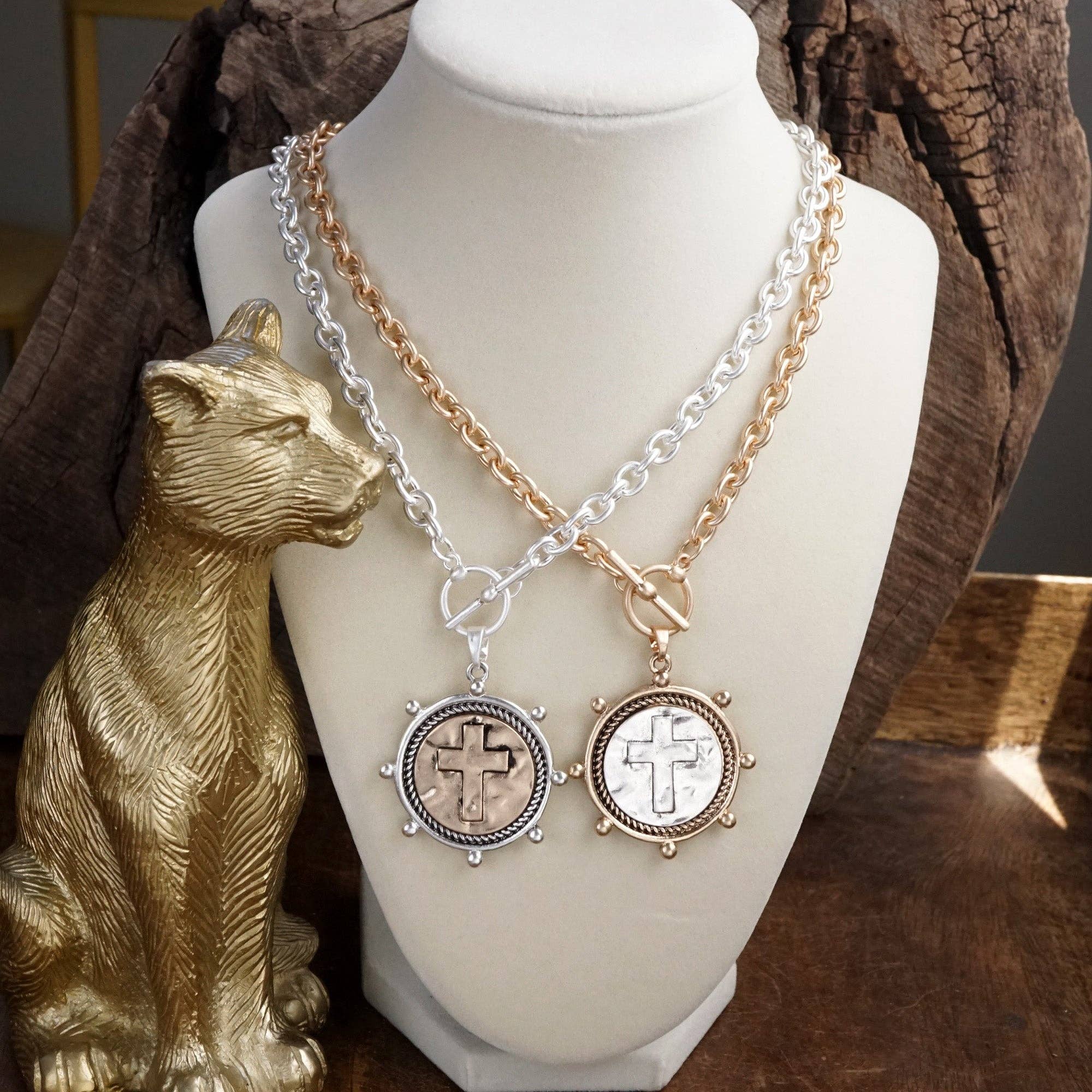 Cross Coin Chain Necklace with Front Toggle Closure – Silver or Gold Tone-Necklaces-PennyLine inc-Stuffology - Where Vintage Meets Modern, A Boutique for Real Women in Crosbyton, TX