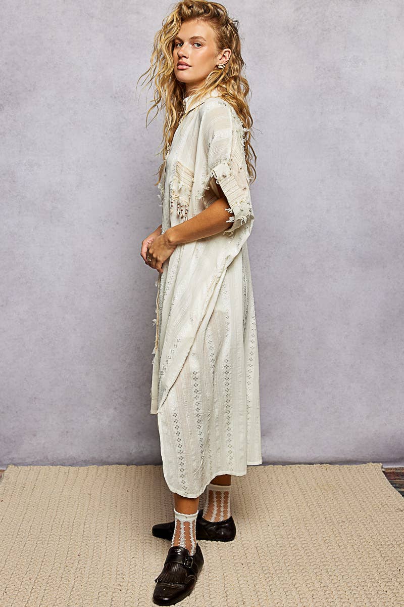 Dangle Trim Textured Cotton Oversized Long Shirt Dress-Dresses-Pol Clothing-Stuffology - Where Vintage Meets Modern, A Boutique for Real Women in Crosbyton, TX