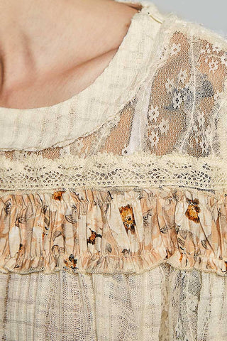 Lace Panel Detail Floral Ruffle 3/4 Sleeve Rib Knit Top-Pol Clothing-Stuffology - Where Vintage Meets Modern, A Boutique for Real Women in Crosbyton, TX