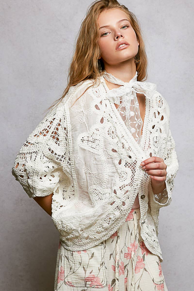 Batwing Sleeve Button Down Solid Crochet Cardigan Top-Pol Clothing-Stuffology - Where Vintage Meets Modern, A Boutique for Real Women in Crosbyton, TX