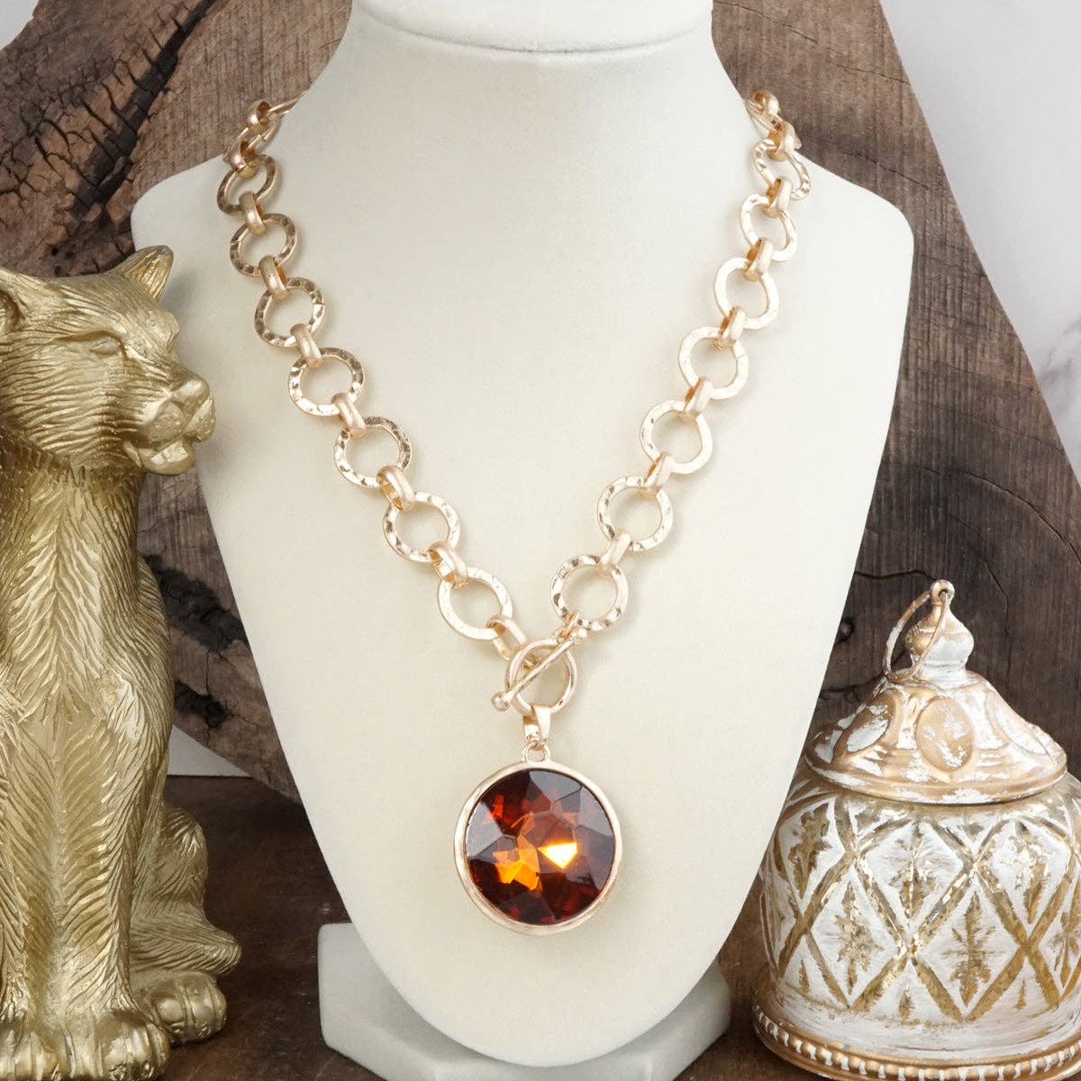 Gilded Radiance – Chunky Ring Chain Necklace with Sparkly Crystal-necklace-PennyLine inc-Stuffology - Where Vintage Meets Modern, A Boutique for Real Women in Crosbyton, TX