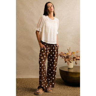 POLKA DOT CREPE SMOCKED POCKET WIDE LEG PANTS-Wide Leg Pants-So Me-Stuffology - Where Vintage Meets Modern, A Boutique for Real Women in Crosbyton, TX