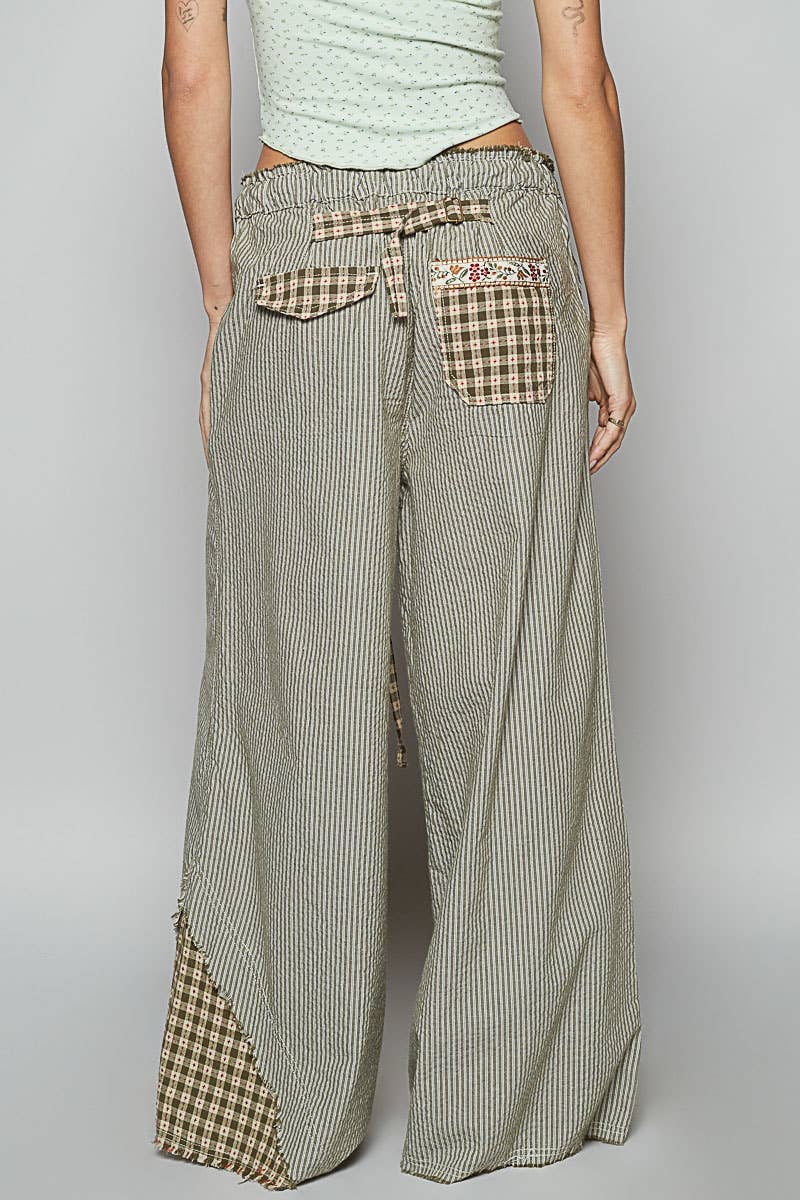 POL Clothing Olive Multi Contrast Panel Detail Print Woven Pants-Pants-Pol Clothing-Stuffology - Where Vintage Meets Modern, A Boutique for Real Women in Crosbyton, TX