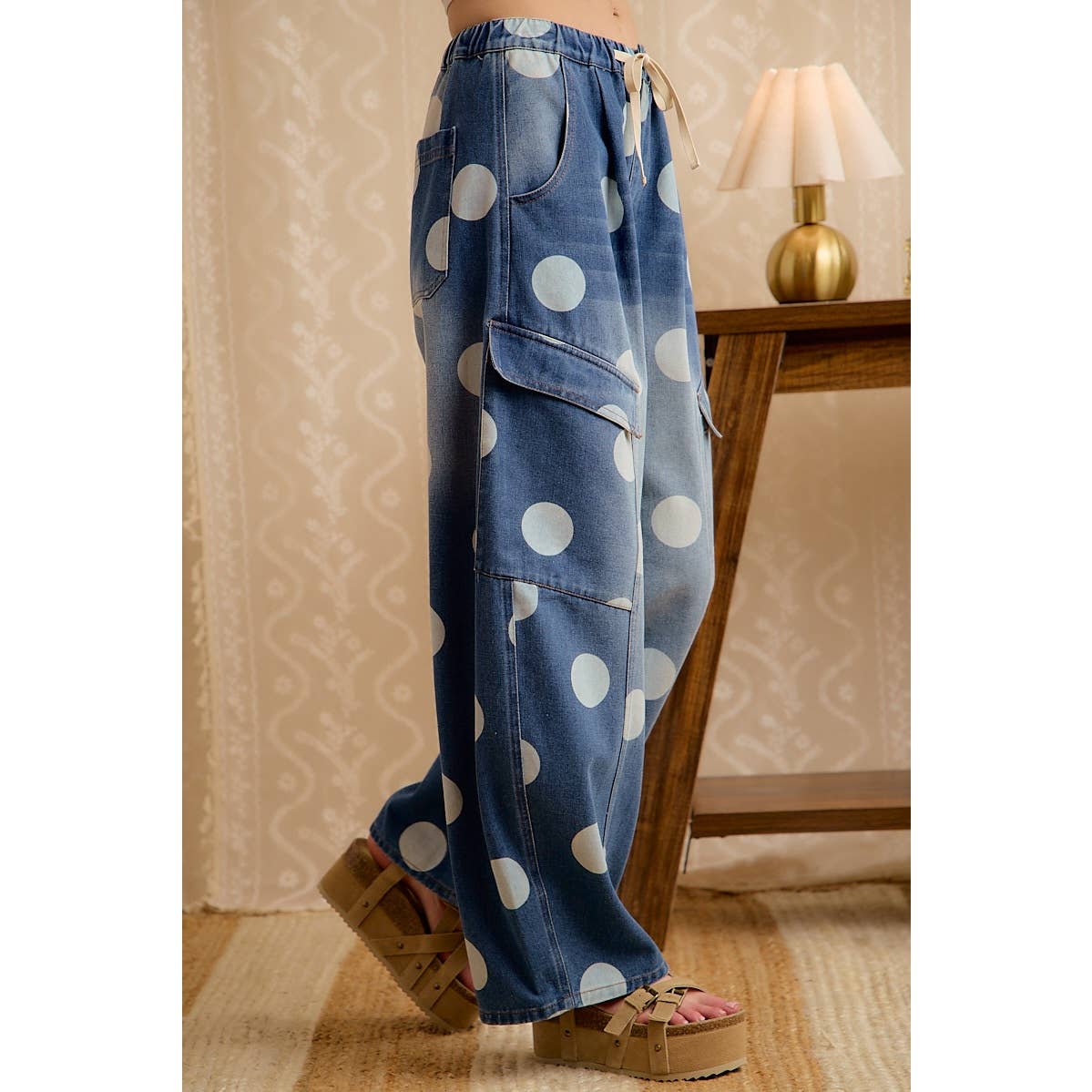 WASHED POLKA DOT DENIM BARREL PANTS WITH CARGO POCKETS-BiBi-Stuffology - Where Vintage Meets Modern, A Boutique for Real Women in Crosbyton, TX