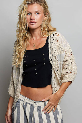 Batwing Sleeve Button Down Solid Crochet Cardigan Top-Pol Clothing-Stuffology - Where Vintage Meets Modern, A Boutique for Real Women in Crosbyton, TX