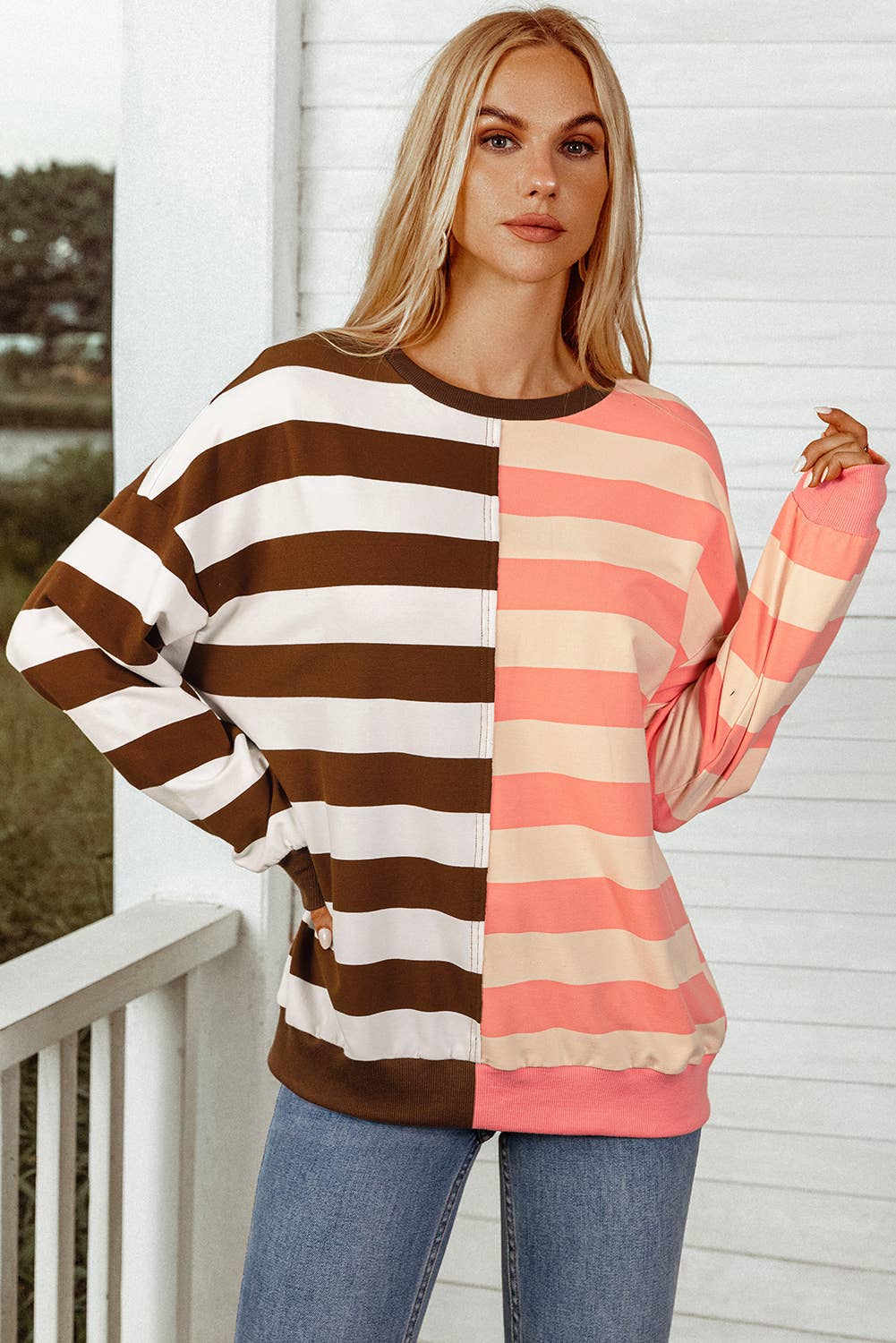 Stripe Colorblock Drop Shoulder Pullover Sweatshirt /Stuffology Boutique-Top-fashionworks-Stuffology - Where Vintage Meets Modern, A Boutique for Real Women in Crosbyton, TX