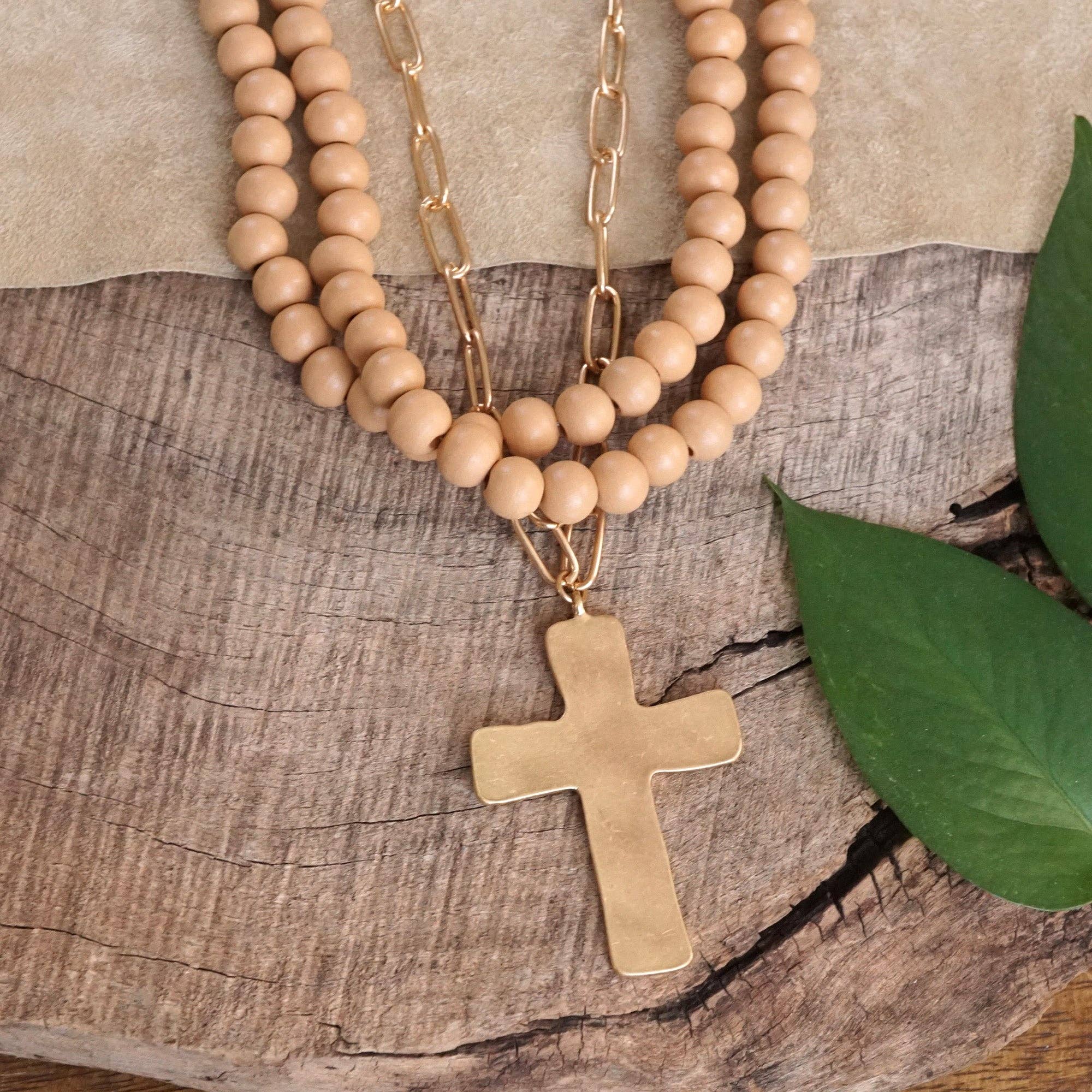 Multi Strand Wood Beads Short Statement Cross Necklace Natural Light Brown-Necklaces-PennyLine inc-Stuffology - Where Vintage Meets Modern, A Boutique for Real Women in Crosbyton, TX