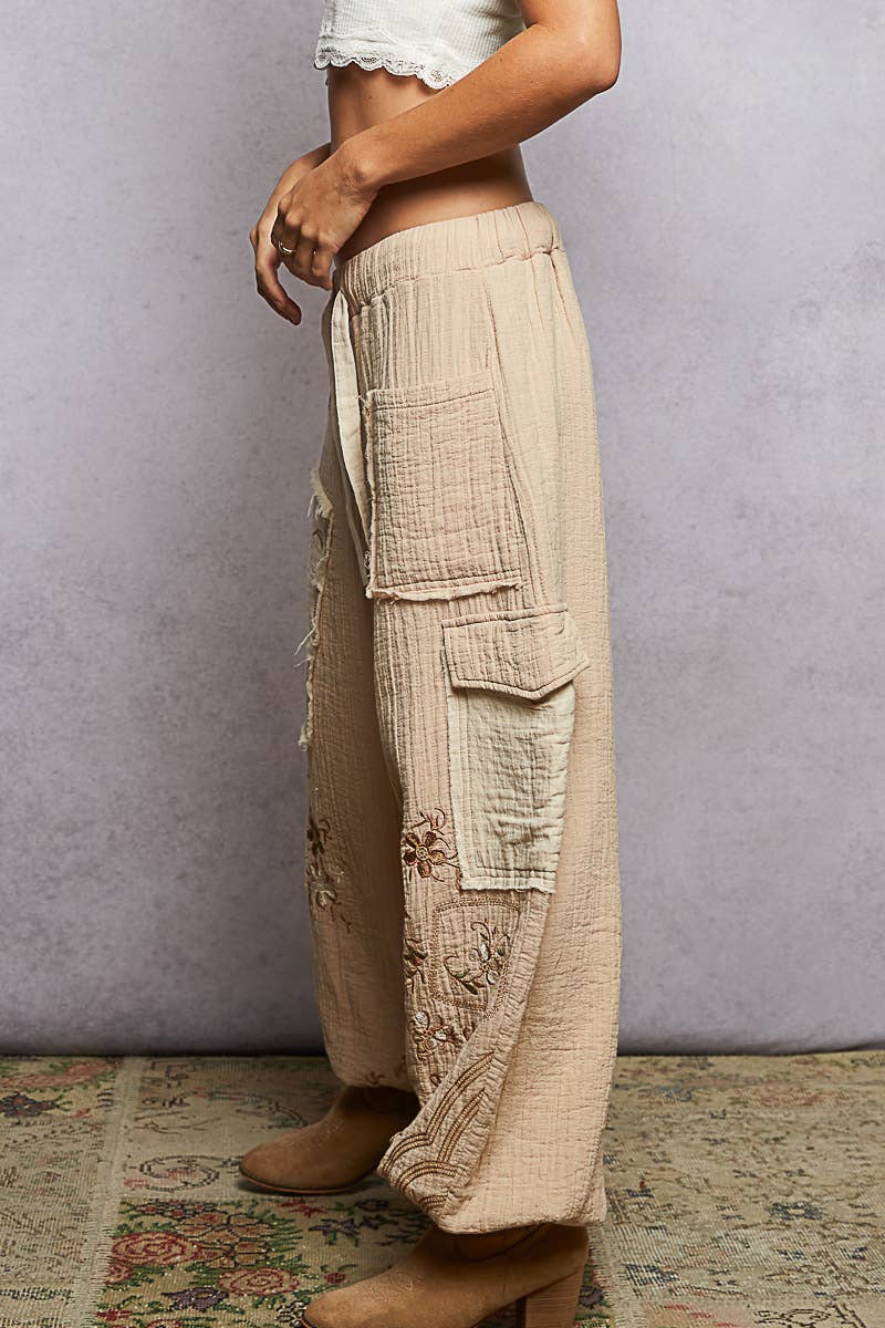 POL Clothing Double gauze floral embroidery accents patch detail pants-pants-Pol Clothing-Stuffology - Where Vintage Meets Modern, A Boutique for Real Women in Crosbyton, TX