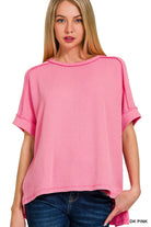 Corded Rib Short Cuff Sleeve Raw Edge Top-TOP-Stuffology Boutique-Stuffology - Where Vintage Meets Modern, A Boutique for Real Women in Crosbyton, TX