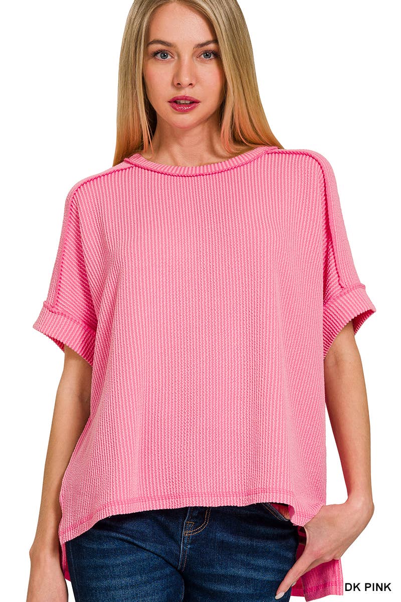 Corded Rib Short Cuff Sleeve Raw Edge Top-TOP-Stuffology Boutique-Stuffology - Where Vintage Meets Modern, A Boutique for Real Women in Crosbyton, TX