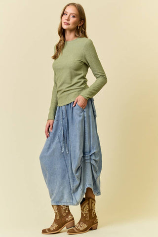 DENIM SIDE TUCK DETAIL MIDI SHIRT - 6557S-2-Skirts-Doe and Rae-Stuffology - Where Vintage Meets Modern, A Boutique for Real Women in Crosbyton, TX