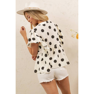 PLAYFUL POLKA PEPLUM TOP-Sage + Fig-Stuffology - Where Vintage Meets Modern, A Boutique for Real Women in Crosbyton, TX