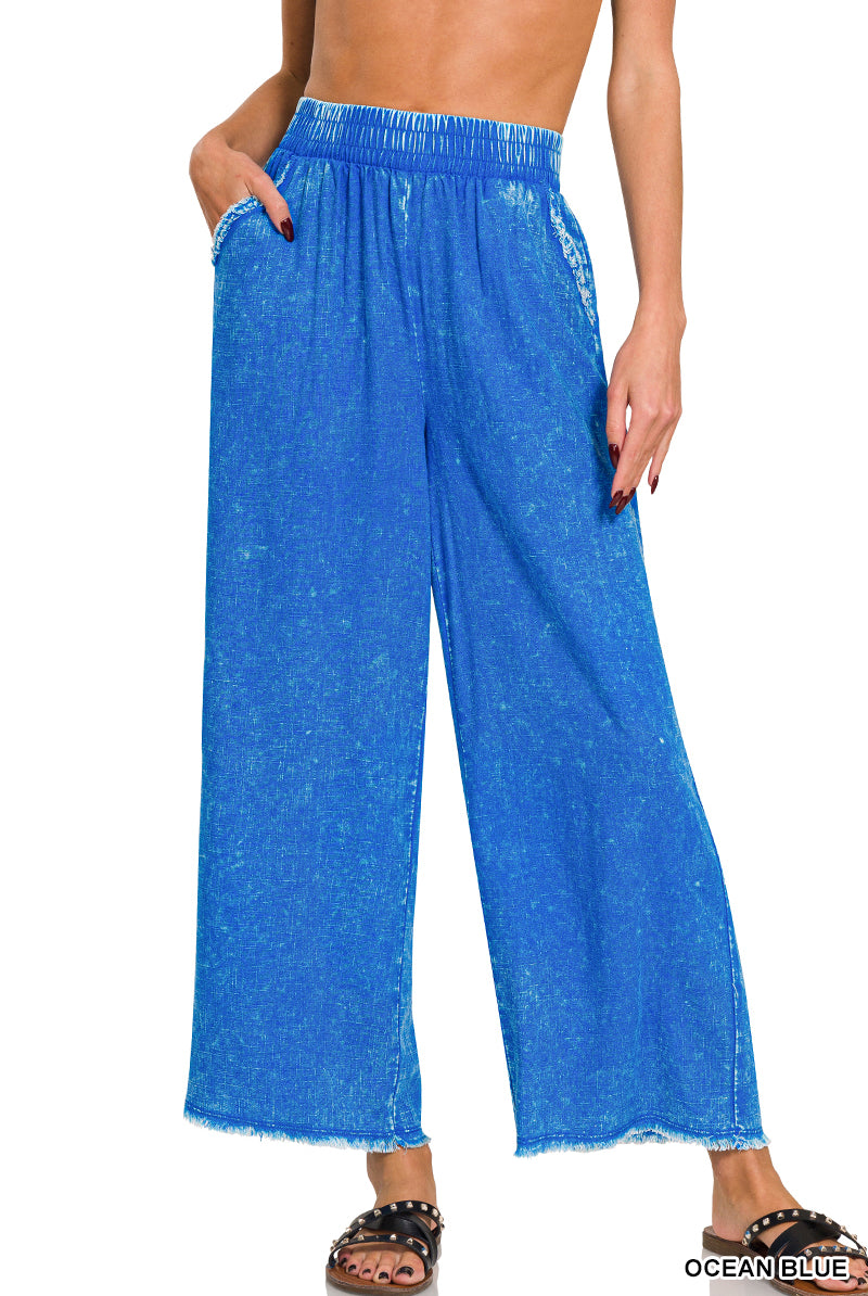 BLUE WASHED LINEN FRAYED HEM ELASTIC BAND WAIST PANTS | Stuffology Boutique-Pants-Zenana-Stuffology - Where Vintage Meets Modern, A Boutique for Real Women in Crosbyton, TX