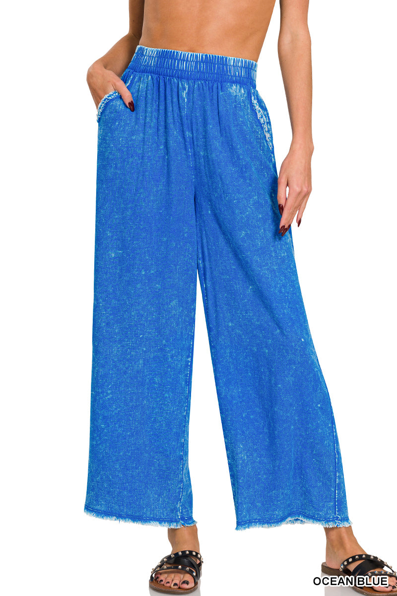 BLUE WASHED LINEN FRAYED HEM ELASTIC BAND WAIST PANTS | Stuffology Boutique-Pants-Zenana-Stuffology - Where Vintage Meets Modern, A Boutique for Real Women in Crosbyton, TX
