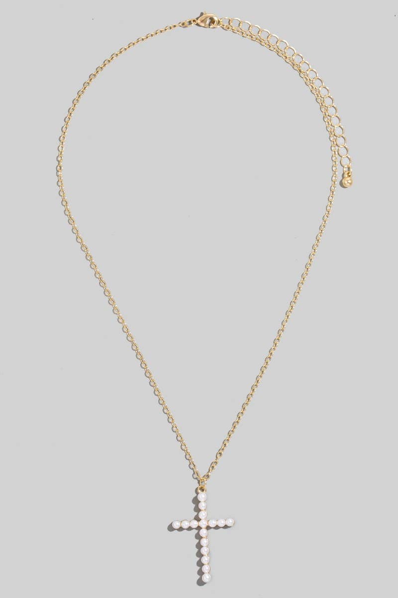 Pearl Cross Pendant Necklace-Necklaces-The Looks by Fame Accessories-Stuffology - Where Vintage Meets Modern, A Boutique for Real Women in Crosbyton, TX