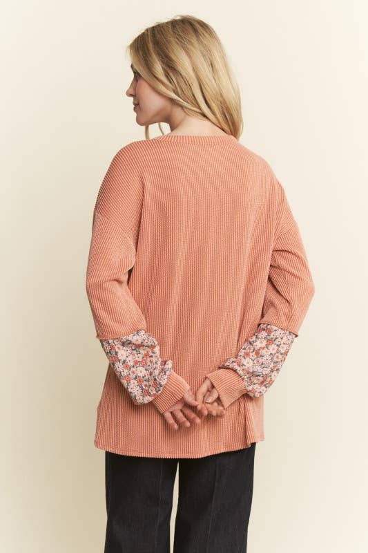 LONG SLEEVE RIBBED FLORAL TOP-TOP-HEIMISH-Stuffology - Where Vintage Meets Modern, A Boutique for Real Women in Crosbyton, TX