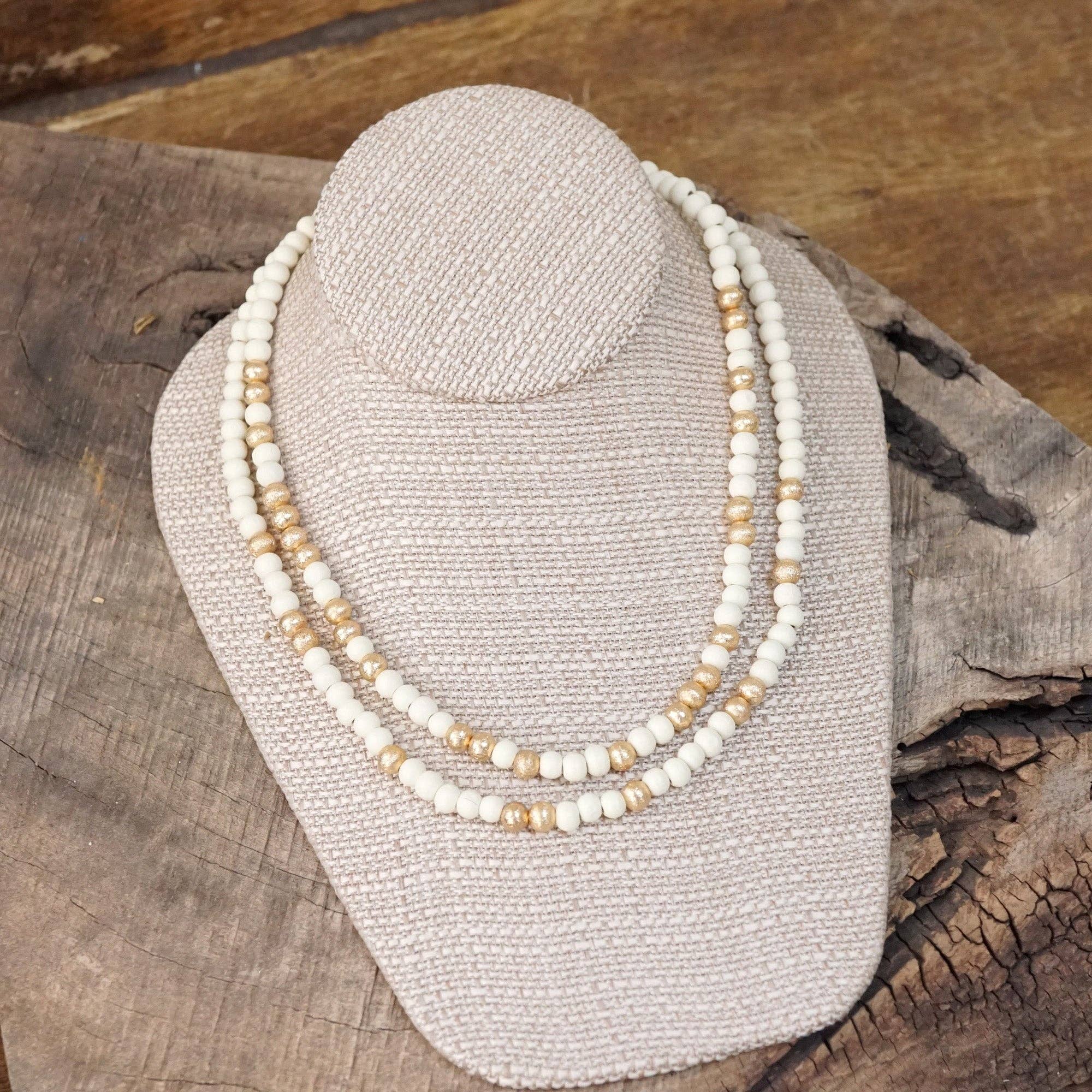 Multi Strand Wooden Beads Short Statement Necklace in Cream and Gold-Necklaces-PennyLine inc-Stuffology - Where Vintage Meets Modern, A Boutique for Real Women in Crosbyton, TX