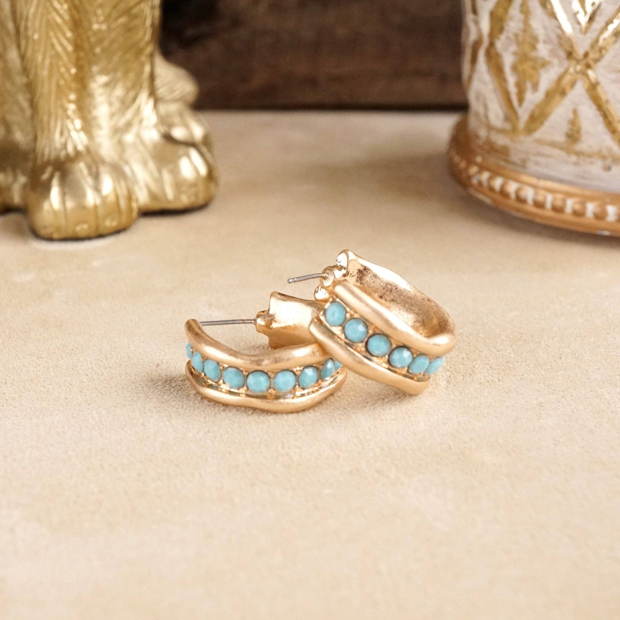 Minimalist Hoops with Faux Pearls or Turquoise – Brushed Gold-Earrings-PennyLine inc-Stuffology - Where Vintage Meets Modern, A Boutique for Real Women in Crosbyton, TX