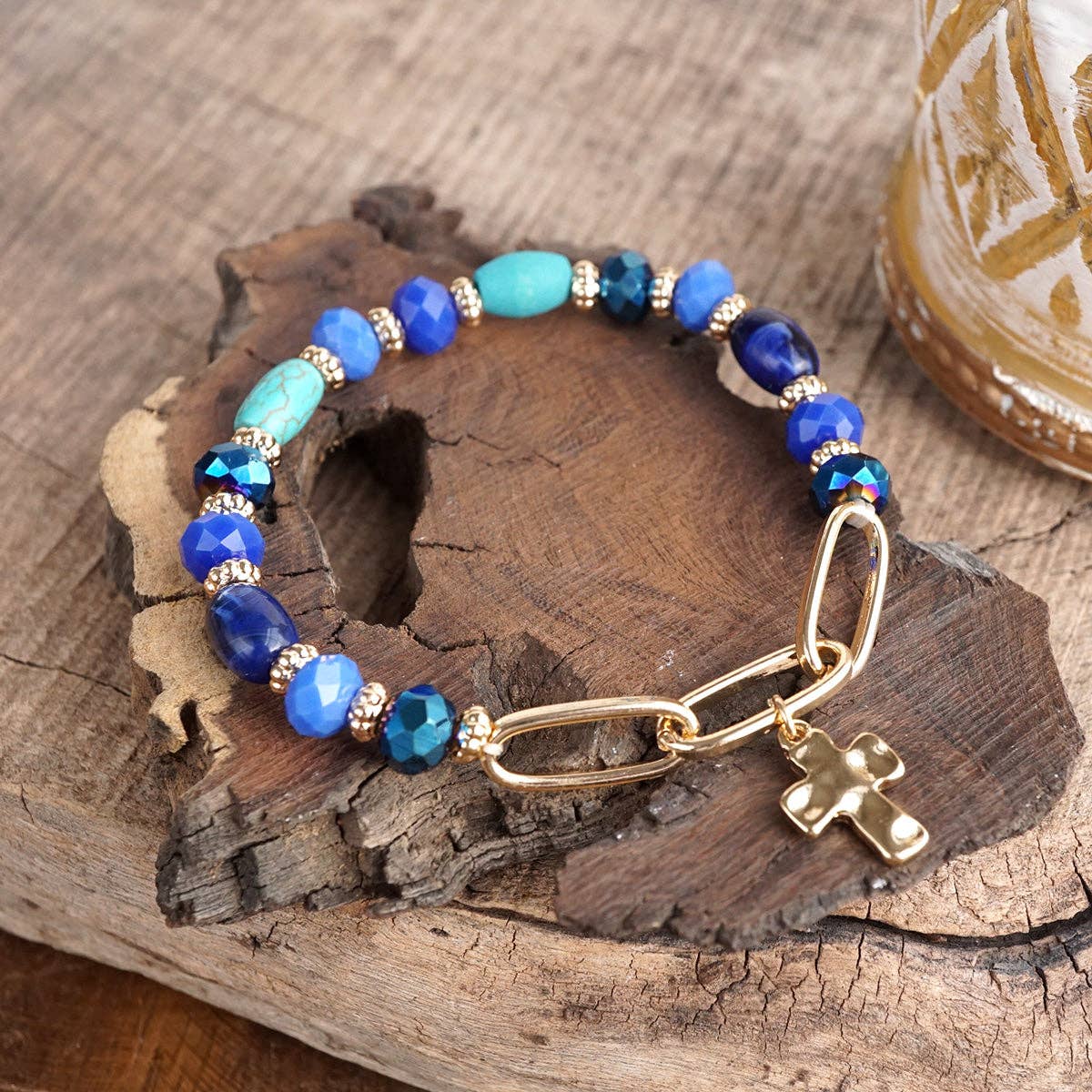 Azure Faith – Beaded Cross Charm and Chain Bracelet-Bracelets-PennyLine inc-Stuffology - Where Vintage Meets Modern, A Boutique for Real Women in Crosbyton, TX