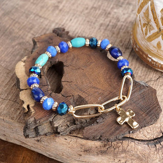 Azure Faith – Beaded Cross Charm and Chain Bracelet-Bracelets-PennyLine inc-Stuffology - Where Vintage Meets Modern, A Boutique for Real Women in Crosbyton, TX