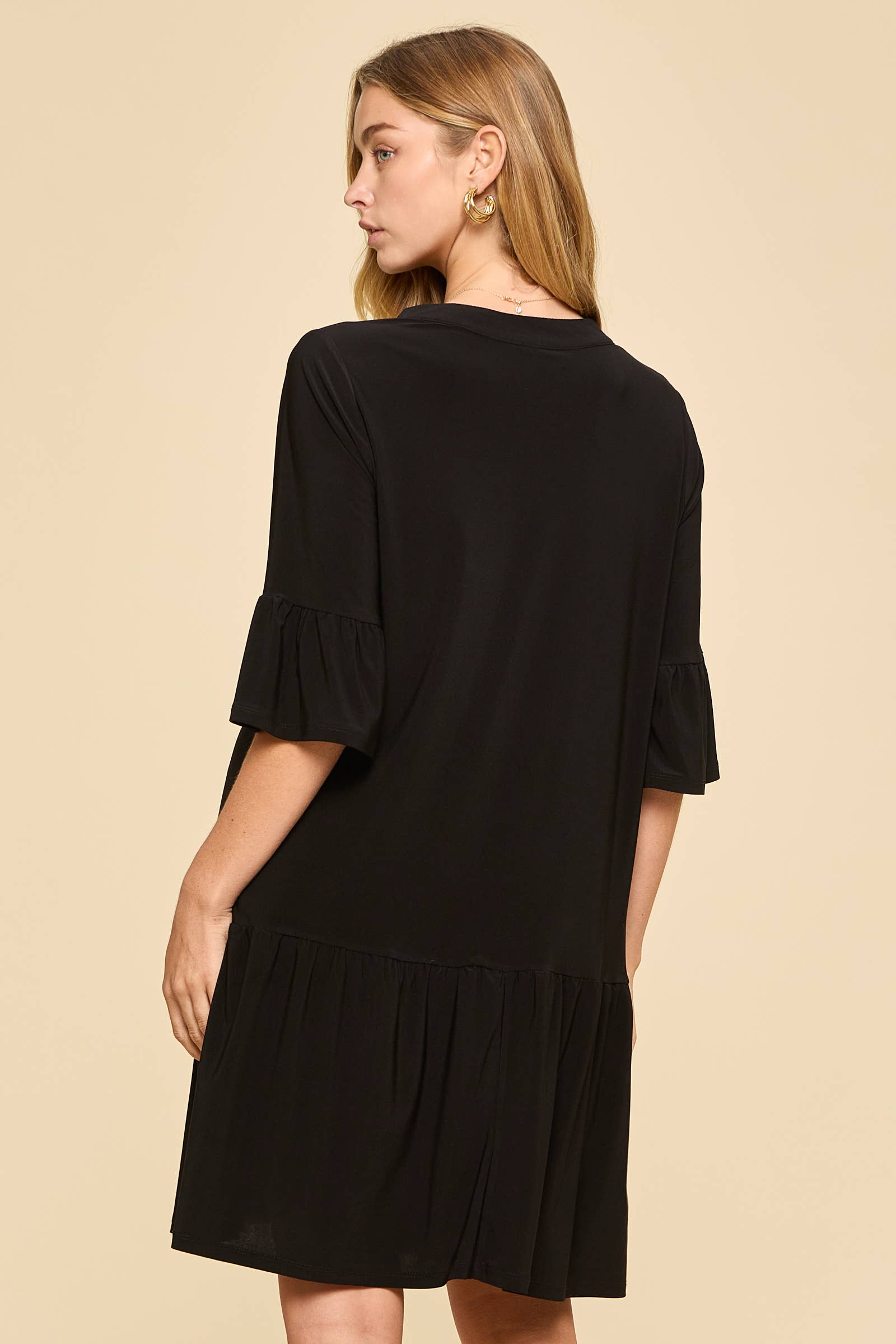 Shirred Tiered Relaxed 3/4 Sleeve Dress-Dresses-Dear Scarlett-Stuffology - Where Vintage Meets Modern, A Boutique for Real Women in Crosbyton, TX