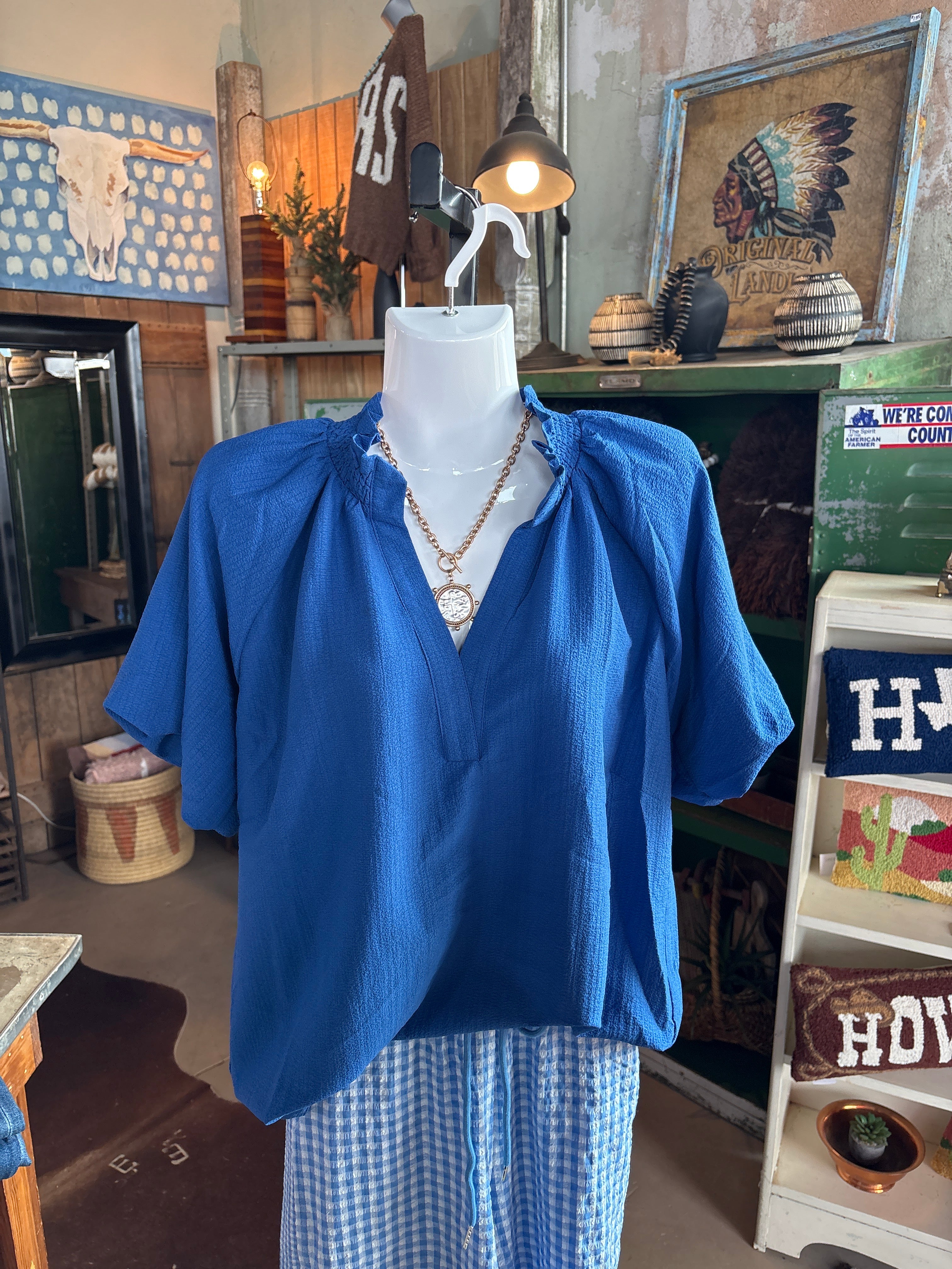 Scalloped Hem Texture Blouse - Ocean Blue-Umgee-Stuffology - Where Vintage Meets Modern, A Boutique for Real Women in Crosbyton, TX