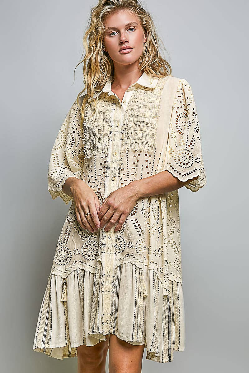Boho Lace Panel Tassel Tie Detail Eyelet Shirt Dress-Dresses-Pol Clothing-Stuffology - Where Vintage Meets Modern, A Boutique for Real Women in Crosbyton, TX