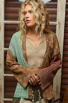 Star pattern raw edge French terry mixed sweater cardigan-Sweater Cardigan-Pol Clothing-Stuffology - Where Vintage Meets Modern, A Boutique for Real Women in Crosbyton, TX