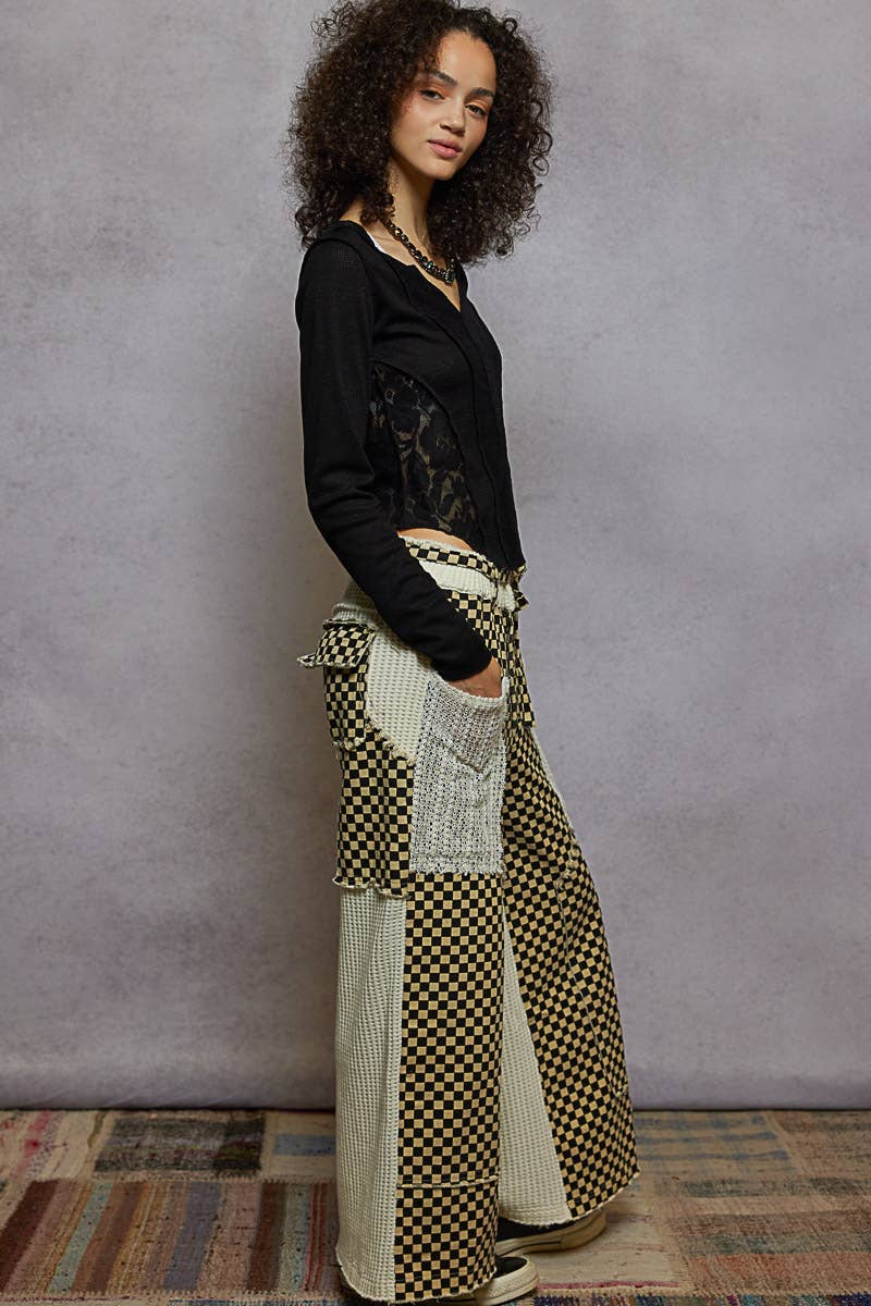 POL Clothing Checkered Patchwork Wide-Leg Pants-Pants-Pol Clothing-Stuffology - Where Vintage Meets Modern, A Boutique for Real Women in Crosbyton, TX