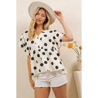 PLAYFUL POLKA PEPLUM TOP-Sage + Fig-Stuffology - Where Vintage Meets Modern, A Boutique for Real Women in Crosbyton, TX